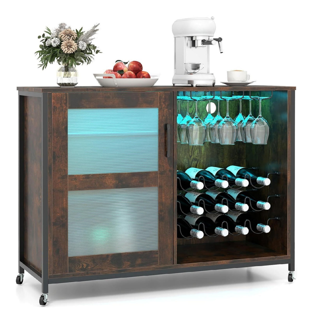 Weinschrank mit LED-Beleuchtung Transparent Barschrank mit Rollen verstellbaren Regalen