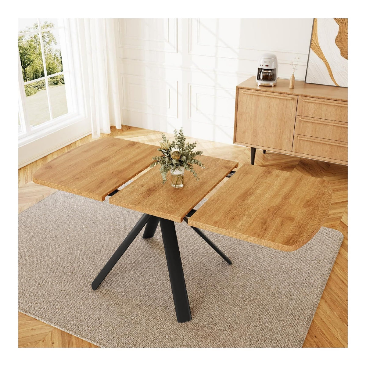 Esstisch ausziehbar Schwarz eiche moderner Ausziehtisch 120-160 cm fuer 4-6 Personen Kuechentisch in -Optik mit schwarzem Metallgestell