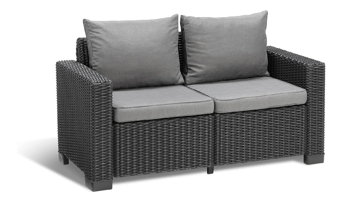 Allibert by California 2-Sitzer Gartensofa fuer Balkon und Terrasse Grau 141 x 68 x 72 cm inklusive Sitzauflagen und Rueckenkissen runde Rattanoptik