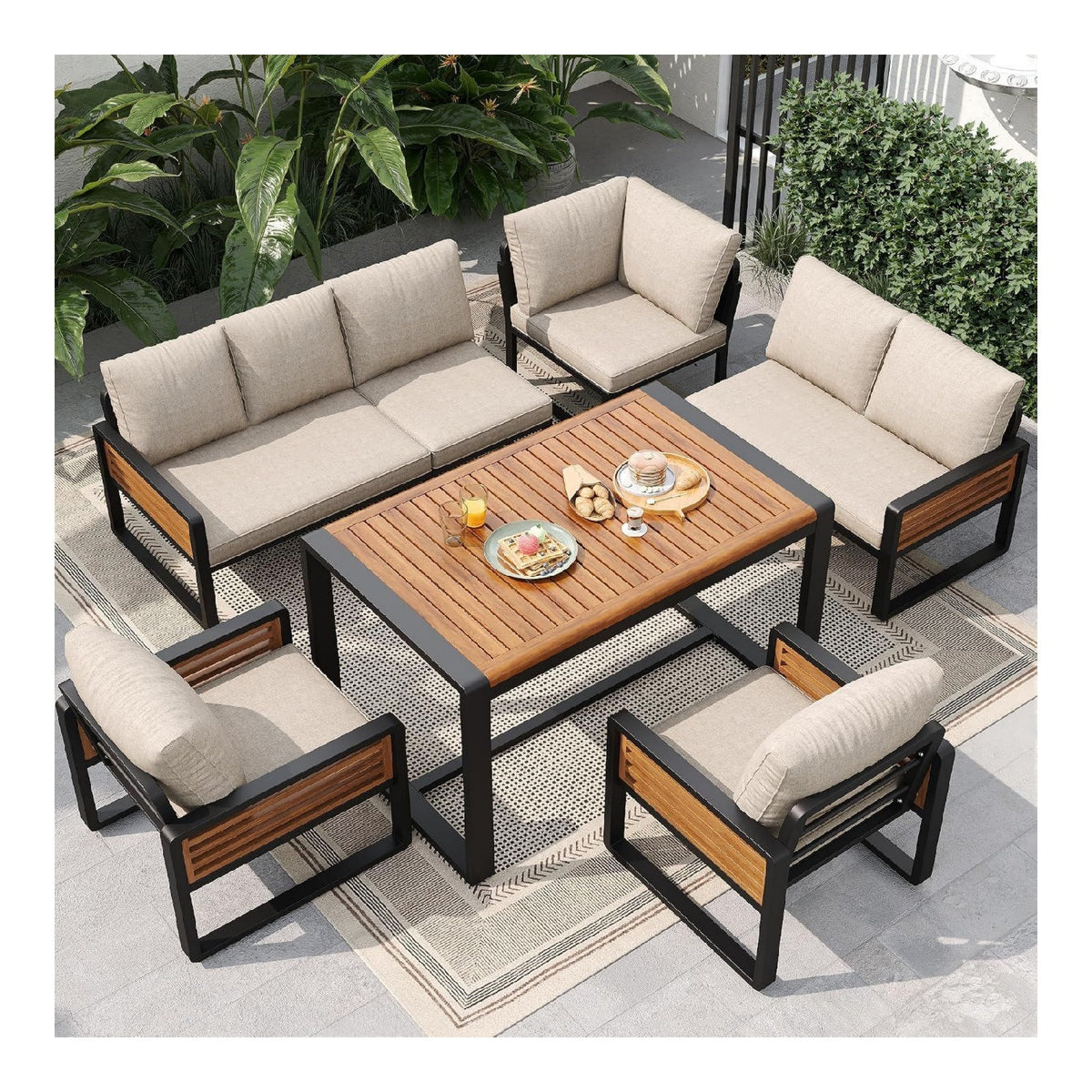 Garten-Lounge-Set Beige Gartensofa mit Esstisch aus Massivholz Moebelset fuer 8 Personen