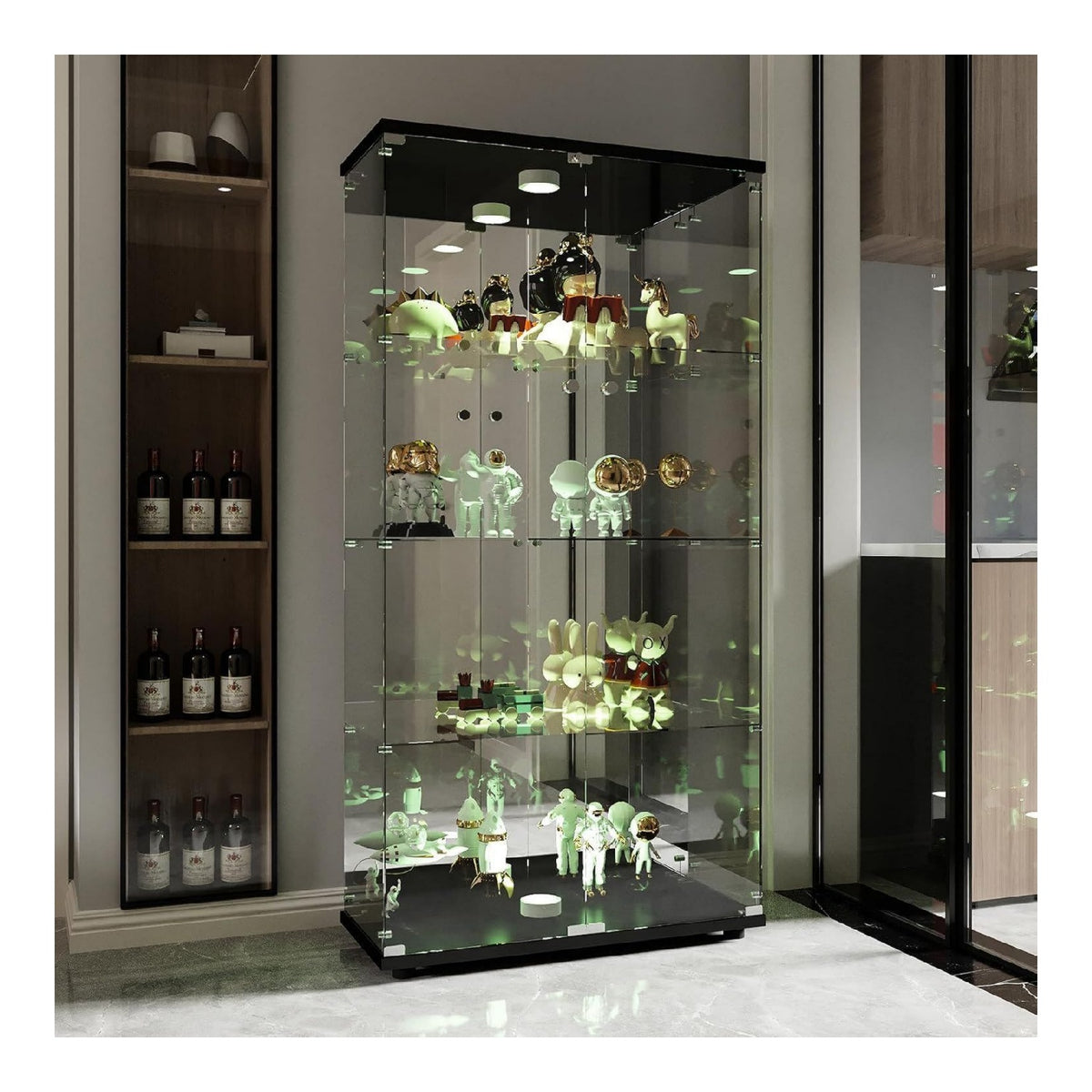Glasvitrine mit LED Schwarz 164x80,5x36,5cm Vitrinenschrank fuer Sammlung 2 verriegelbare Tueren